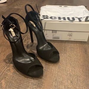 Schultz Black suede double ankle strap stilettos, size 8.5